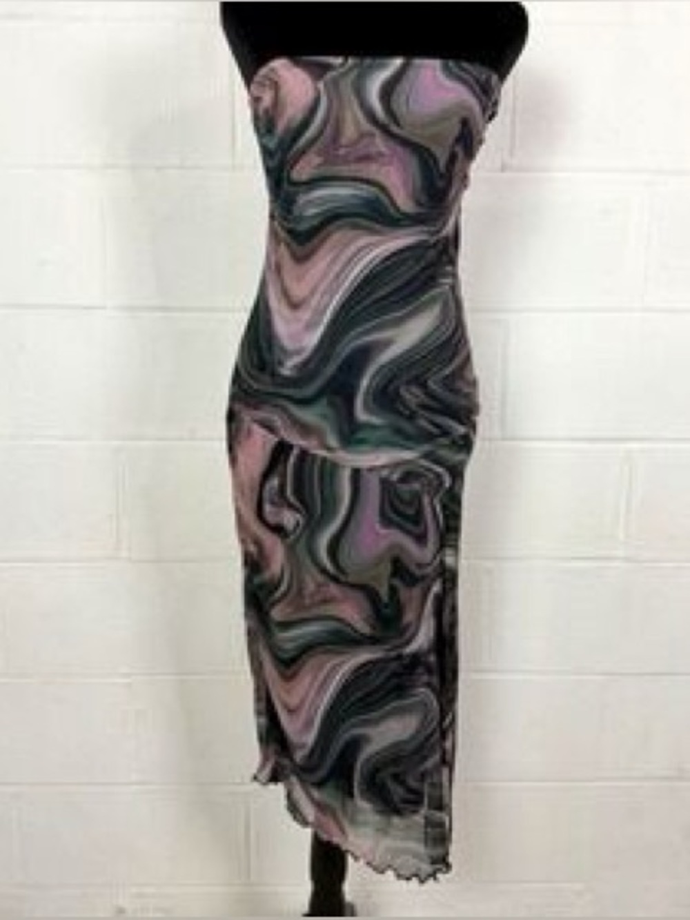 Caution To The Wind Strapless Swirl Midi Dress in Pink and Black